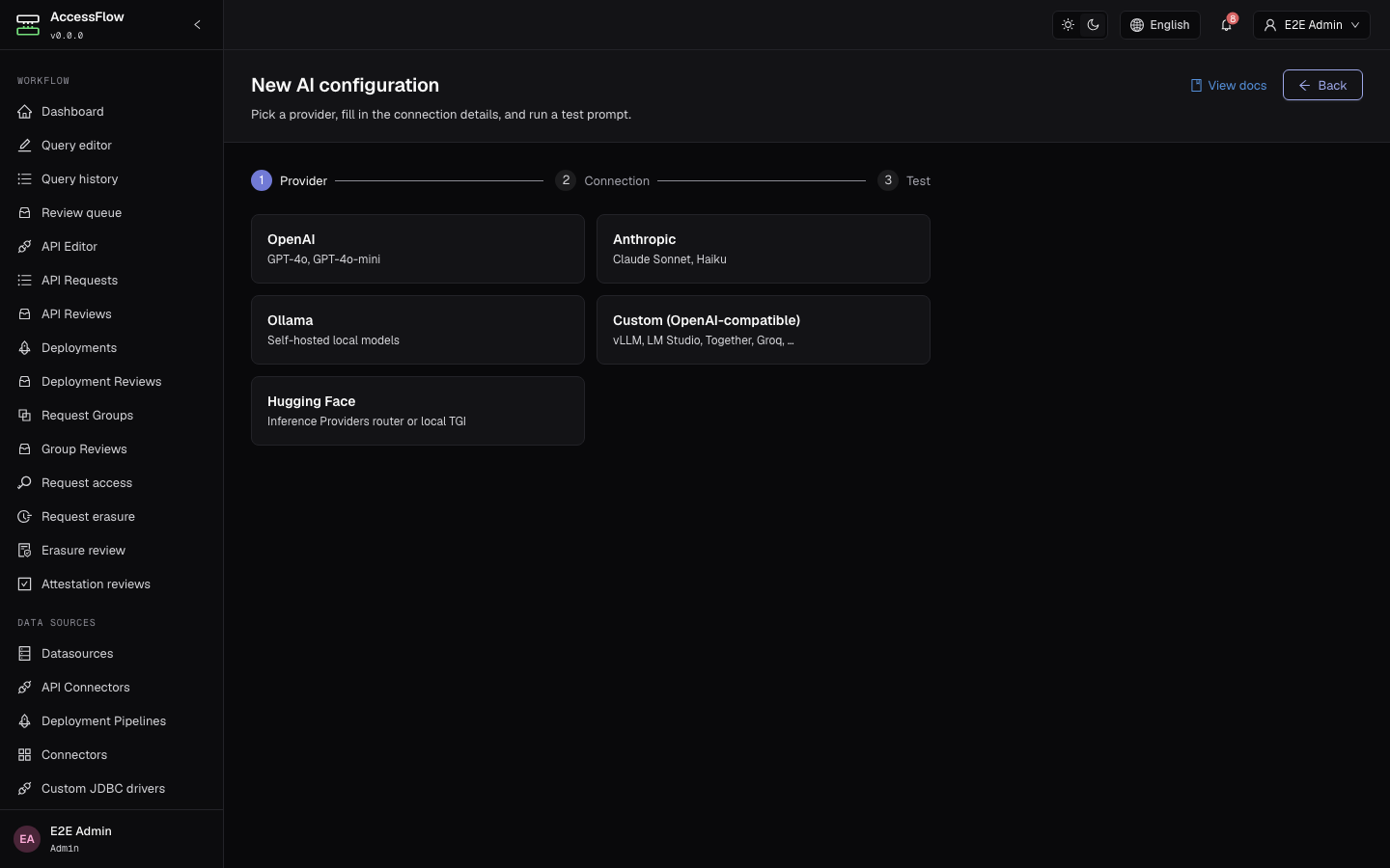 New AI configuration wizard, Connection step, with the model pre-filled as claude-sonnet-4-20250514, an empty API key field, and timeout / max prompt tokens / max completion tokens at their defaults.