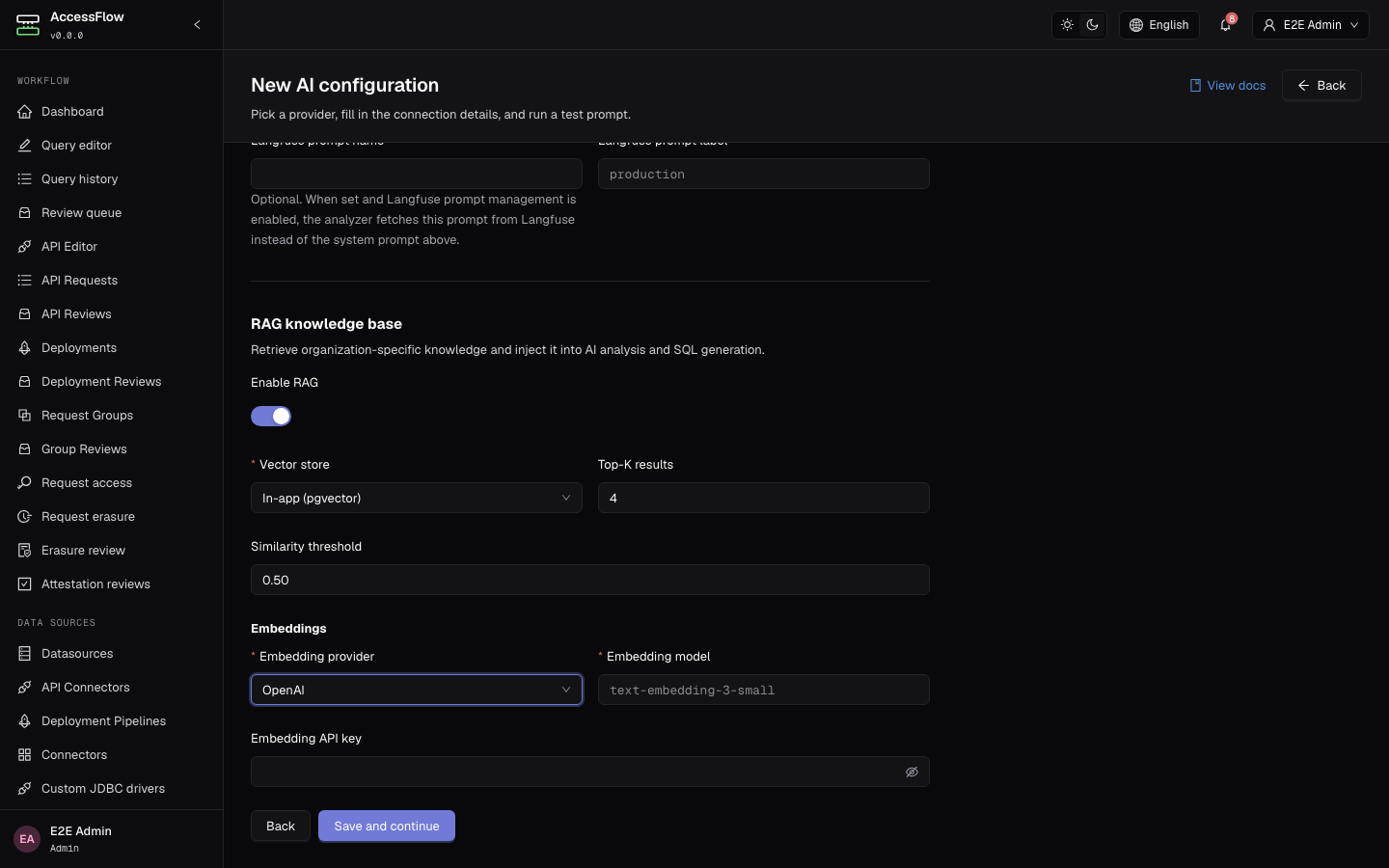 The AI configuration wizard Connection step with Enable RAG toggled on, revealing the vector store select (In-app pgvector), Top-K and similarity-threshold inputs, and the embedding provider and model fields.