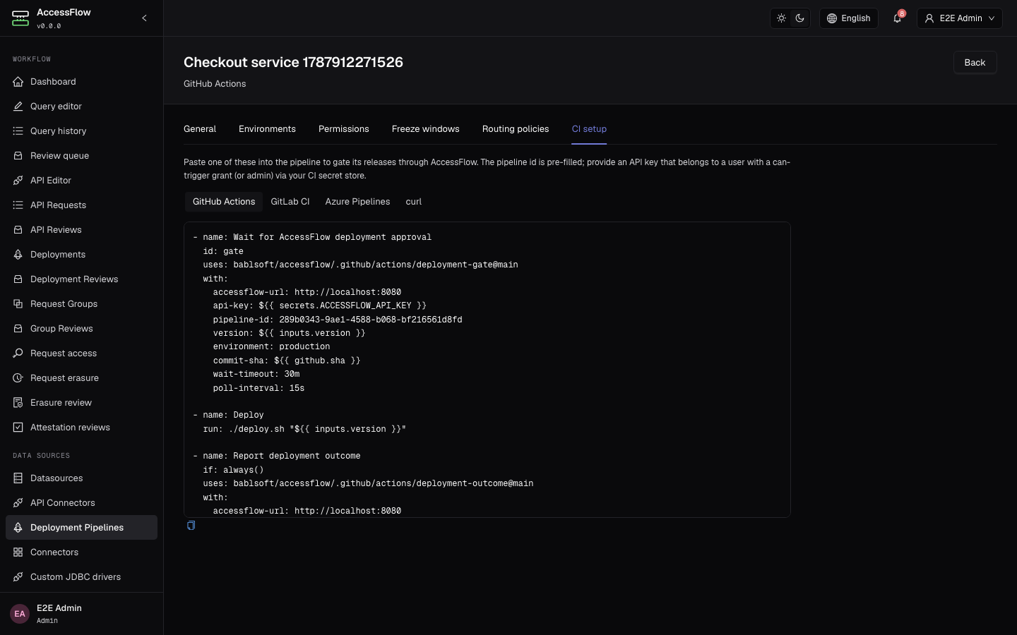 The CI setup tab of a deployment pipeline settings page, rendering a copy-paste CI snippet for the pipeline provider along with the pipeline identifier the job needs.