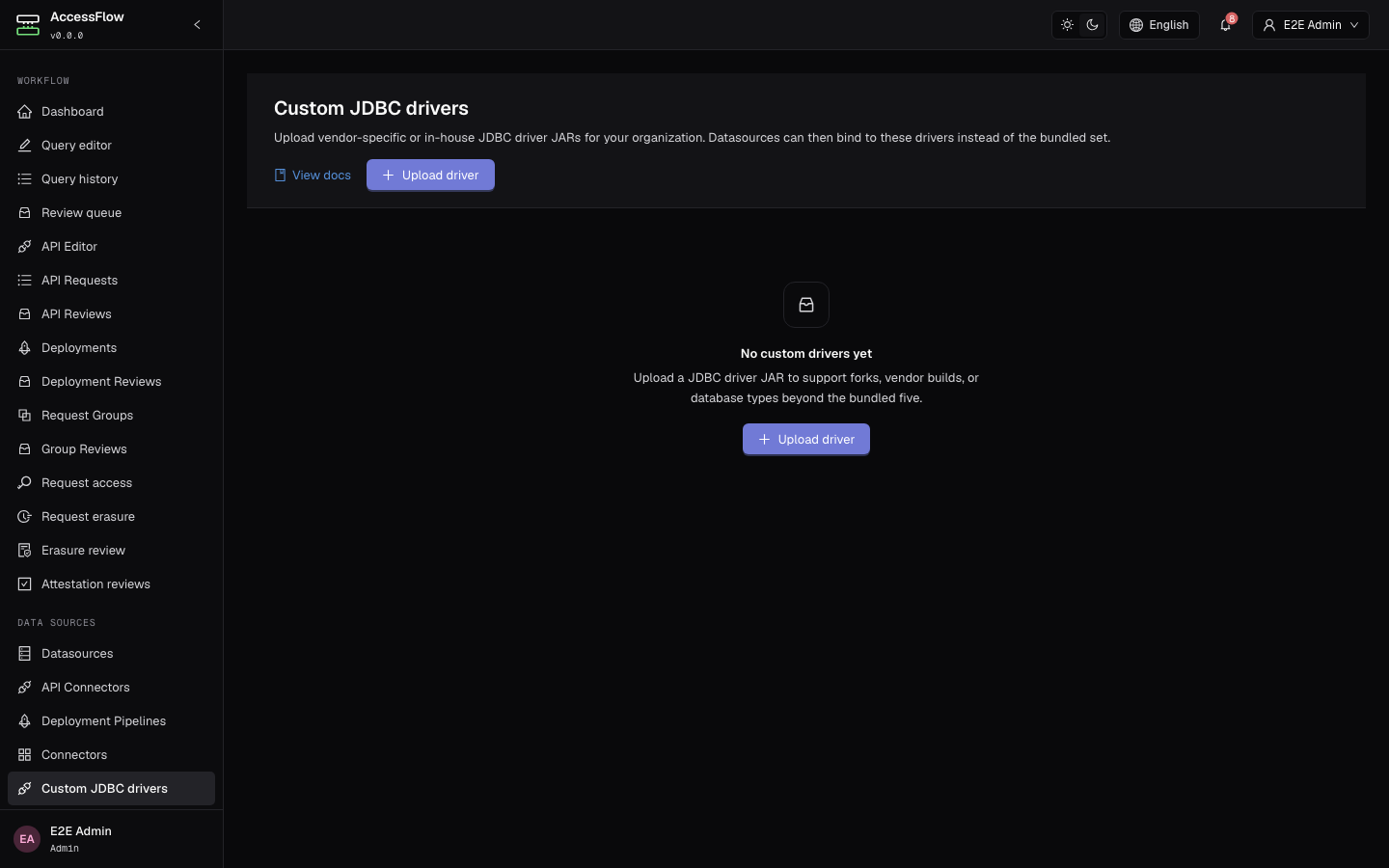Custom JDBC drivers admin page with an Upload driver call-to-action and an empty-state explaining that uploaded drivers extend support beyond the bundled five.