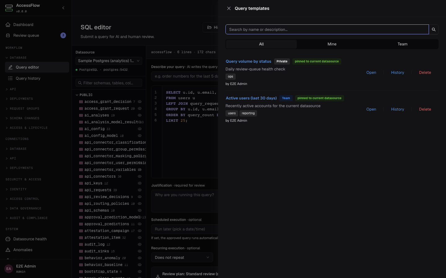 SQL editor with the Query templates drawer open, listing saved templates with Private and Team visibility badges, tags, owner, a search box, All/Mine/Team filter tabs, and Open / History / Delete actions per row.