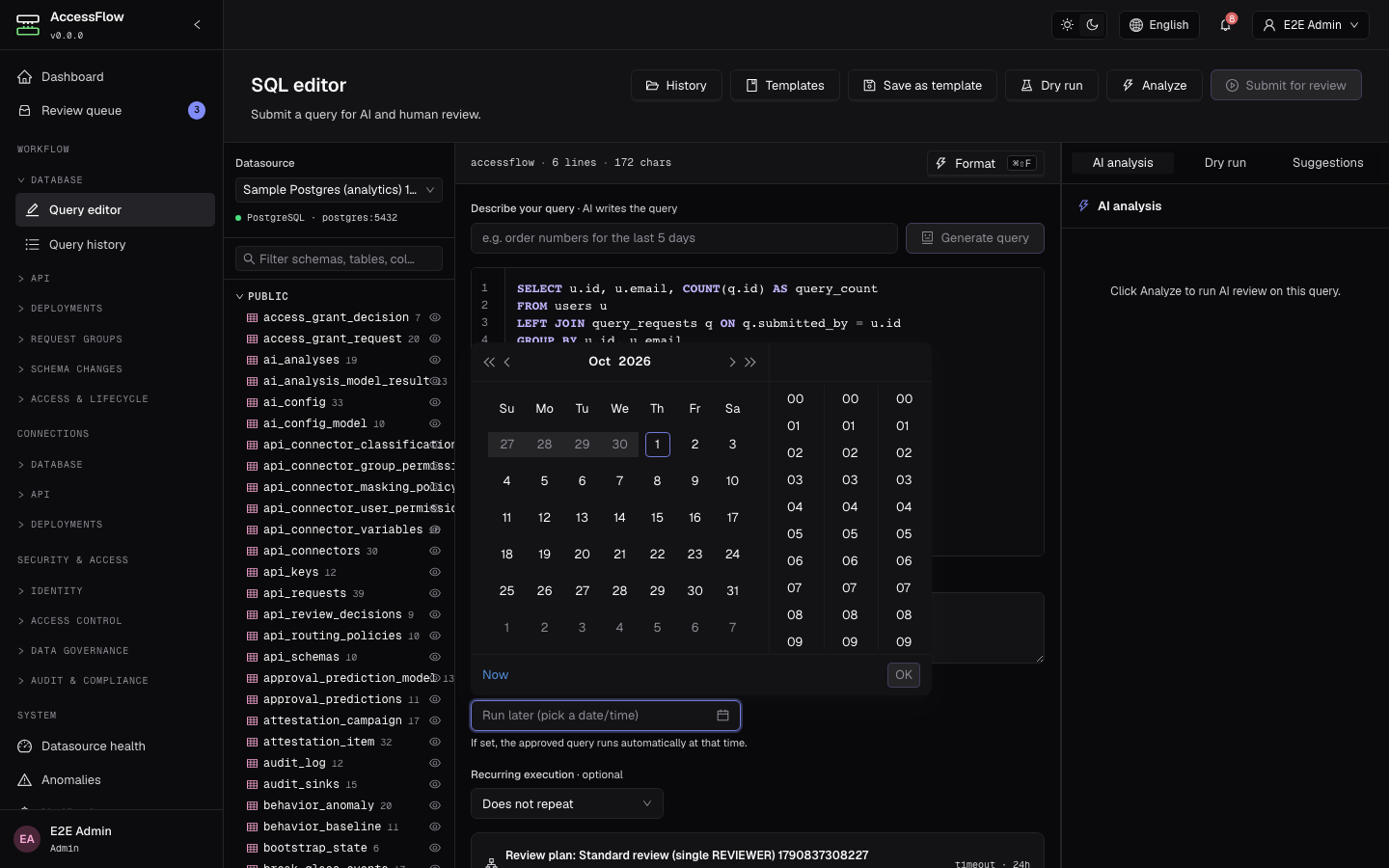 SQL editor with the scheduled execution date picker open showing a month-view calendar; the help text reads 'If set, the approved query runs automatically at that time.'