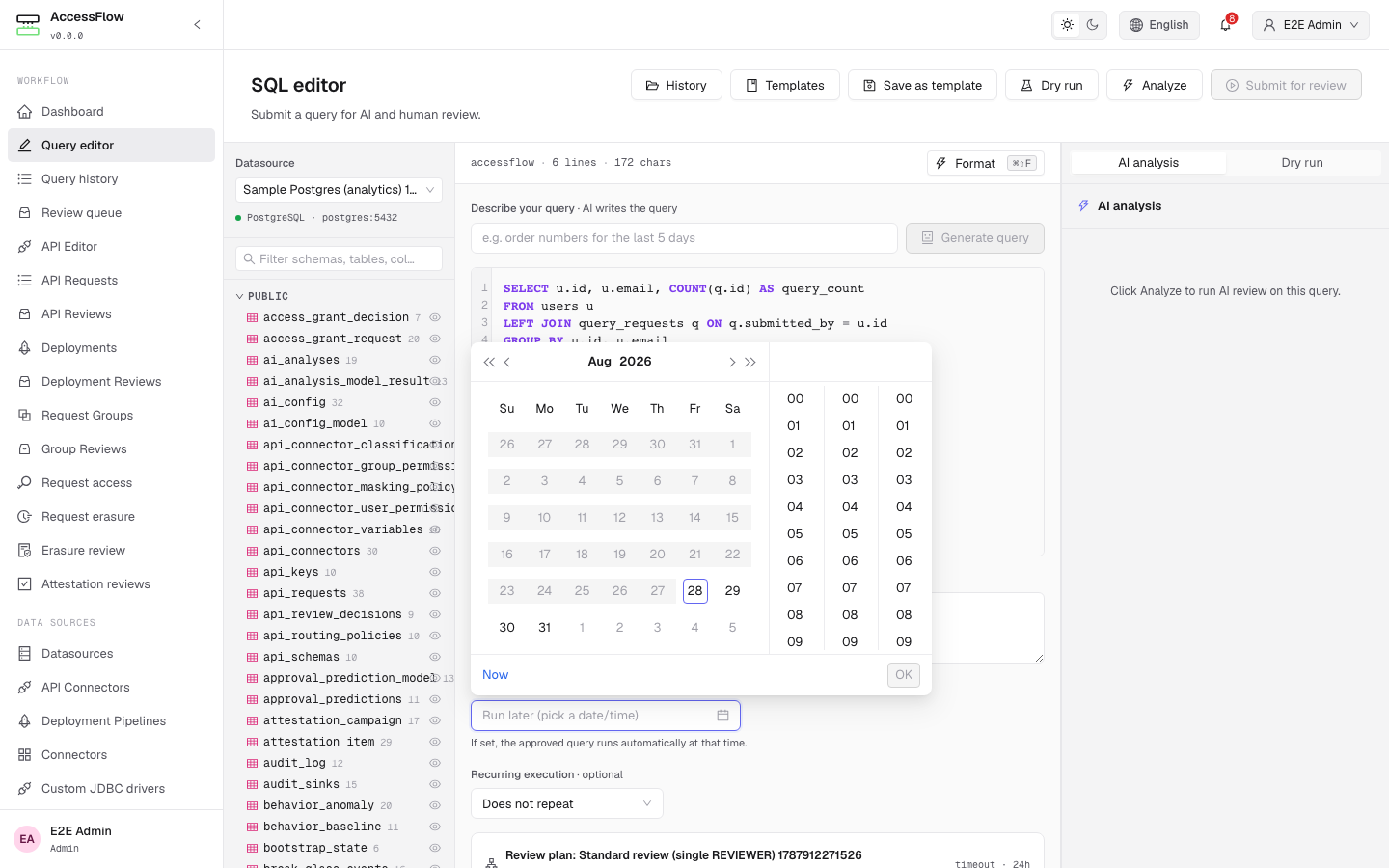 SQL editor with the scheduled execution date picker open showing a month-view calendar; the help text reads 'If approved, the query runs automatically at that time.'