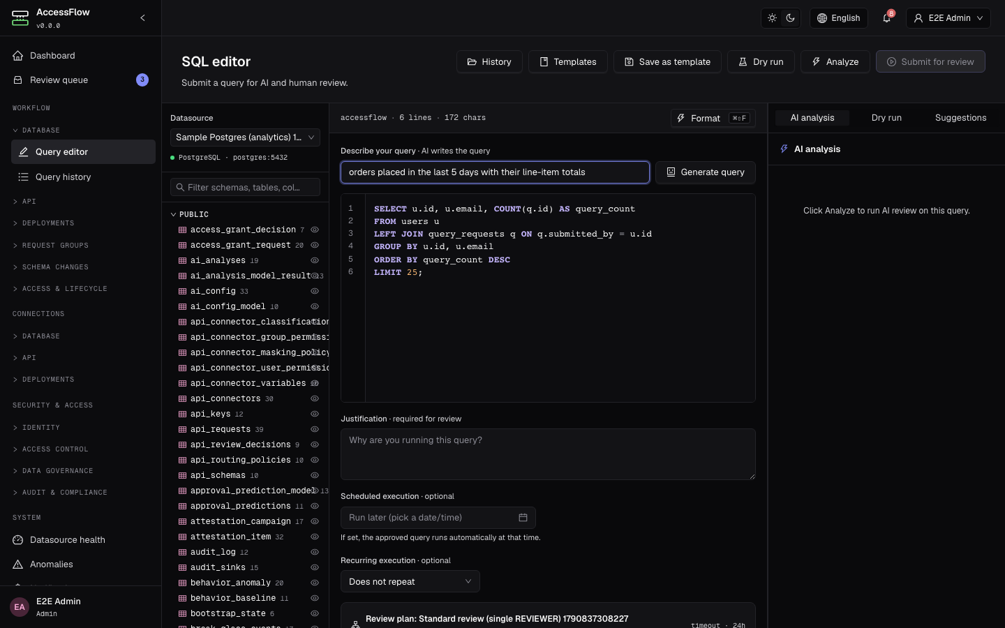 The /editor page with the text-to-query bar above the query pane: a Describe your query input carrying a natural-language prompt, a Generate query button beside it, and the CodeMirror SQL editor below.