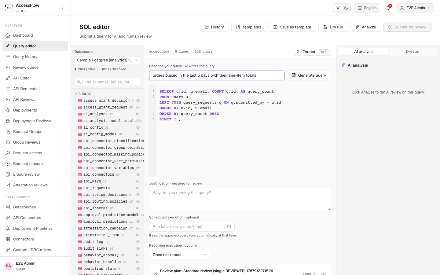 The /editor page with the text-to-query bar above the query pane: a Describe your query textarea with a natural-language prompt and a Generate query button, and the generated SELECT statement rendered in the CodeMirror editor below.