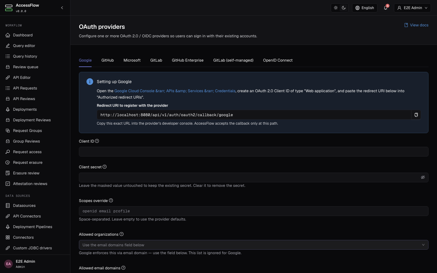 OAuth providers admin page with the Google tab selected. An info callout shows the redirect URI to register at the provider with a copy button, followed by Client ID and Client secret fields.