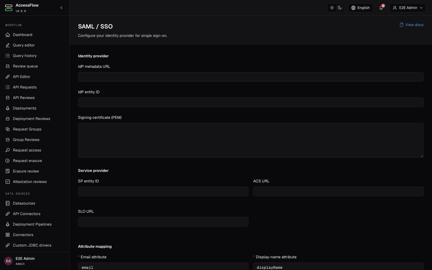 SAML / SSO admin page with three sections — Identity provider (IdP metadata URL, IdP entity ID, signing certificate PEM textarea), Service provider, and Attributes — each with empty form fields ready to fill.