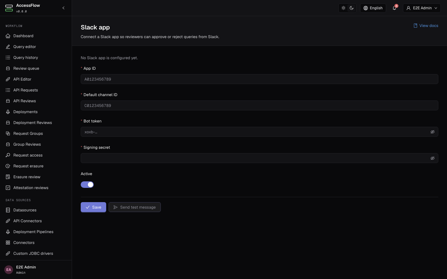 Slack app configuration at /admin/slack with fields for App ID, default channel ID, masked bot token and signing secret, an Active toggle, and Save / Send test message buttons.