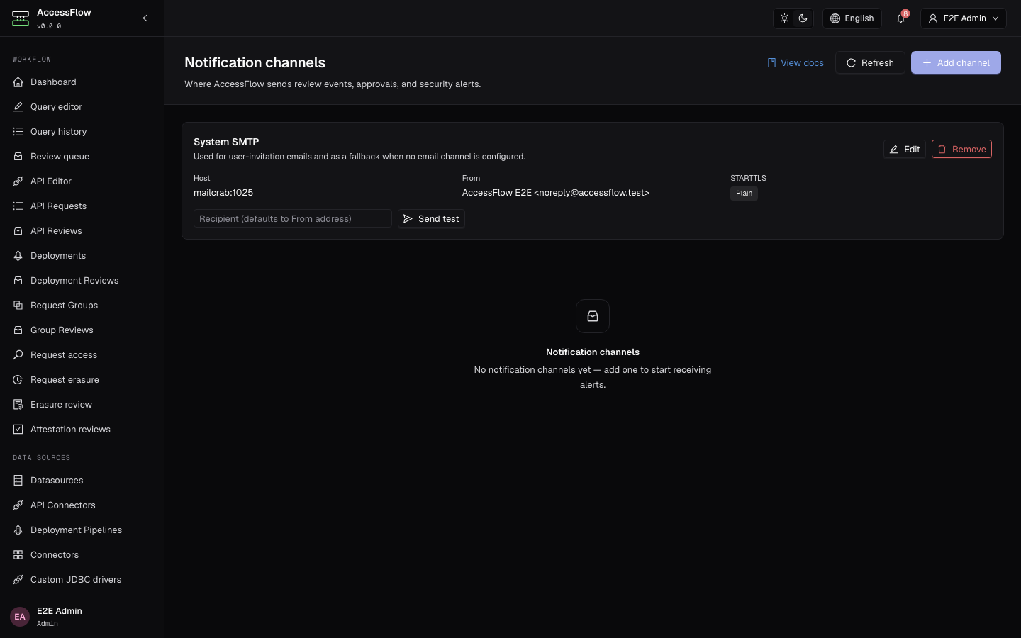 System SMTP configuration modal with host, port (587), optional username, password, STARTTLS toggle, from-address, and optional display-name fields.