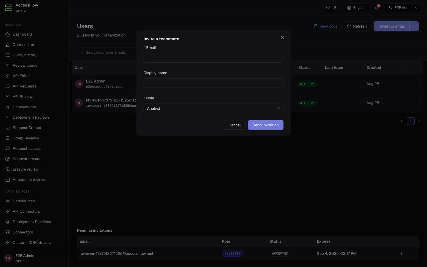 Invite a teammate modal in the AccessFlow admin Users page, with fields for email, display name, and a role dropdown defaulting to ANALYST.
